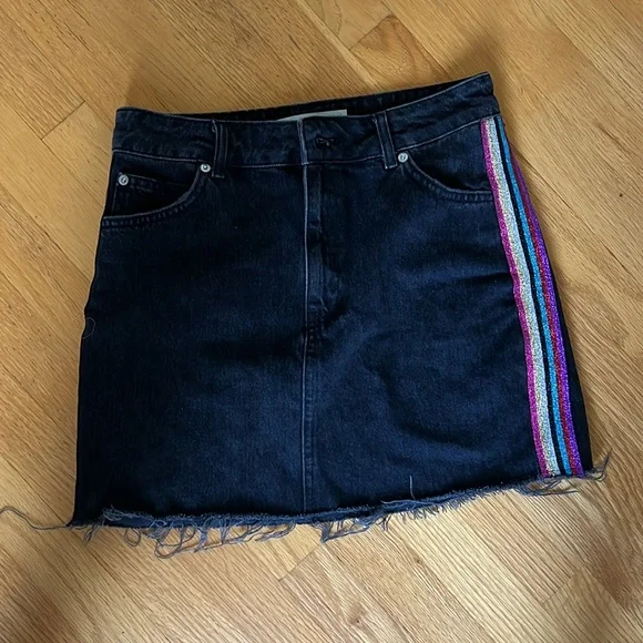 Topshop Moto Rainbow Metallic Glitter Stripe Trim Black Denim Mini Skirt - Picture 2 of 5